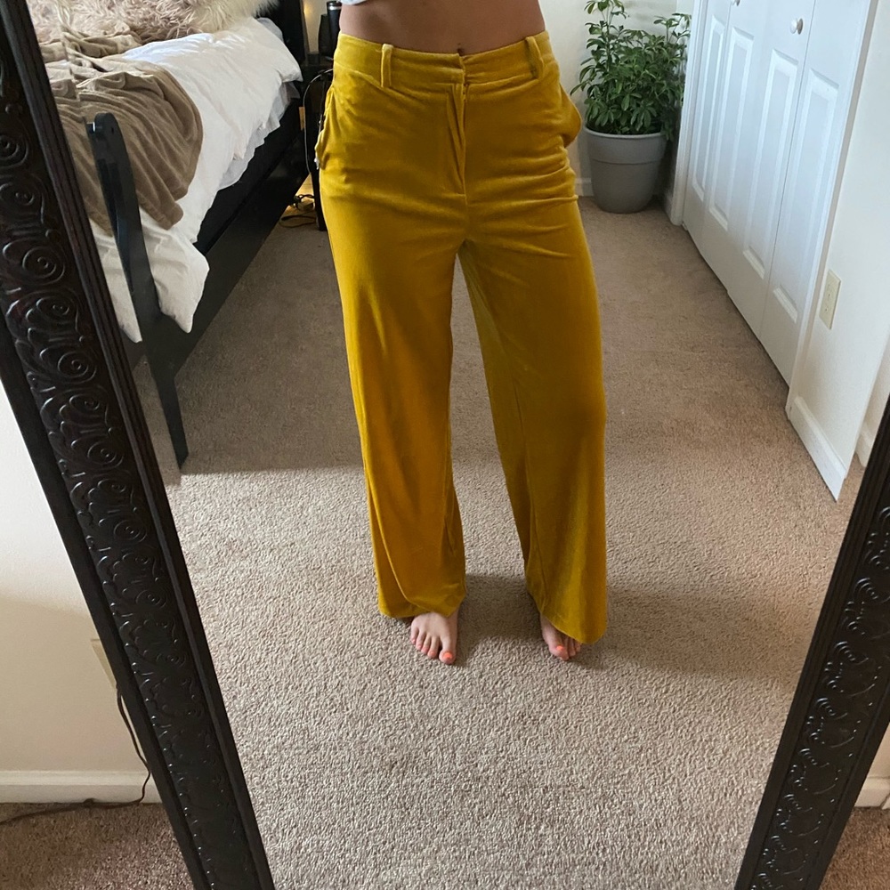 Long yellow velvet wide leg pants